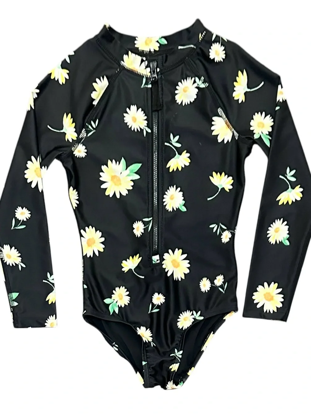 Old Navy Black Daisy Print Long Sleeve Rashguard One-Piece Swimsuit - Size 6-7